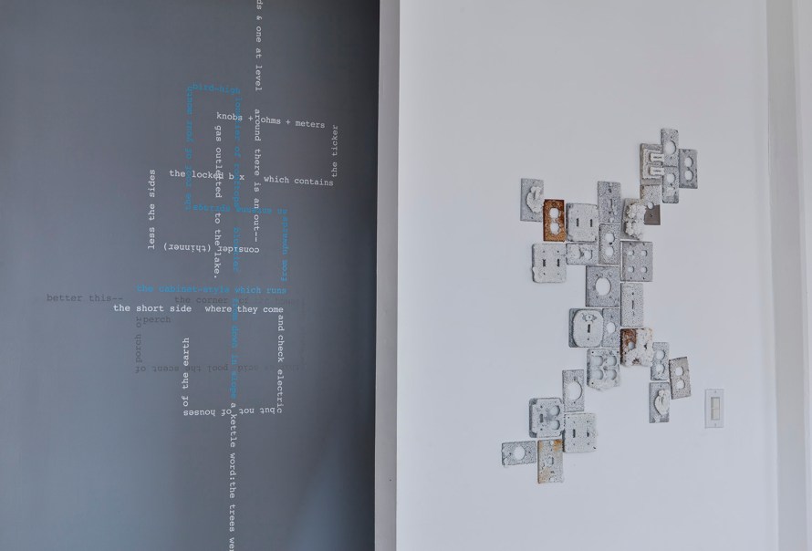 Cleavemark Dr., text installation (“Upwards”) + pickling salt-encrusted switch plate installation. Stephanie Ellis Schlaifer & Cheryl Wassenaar, Fort Gondo Compound for the Arts, fall 2014